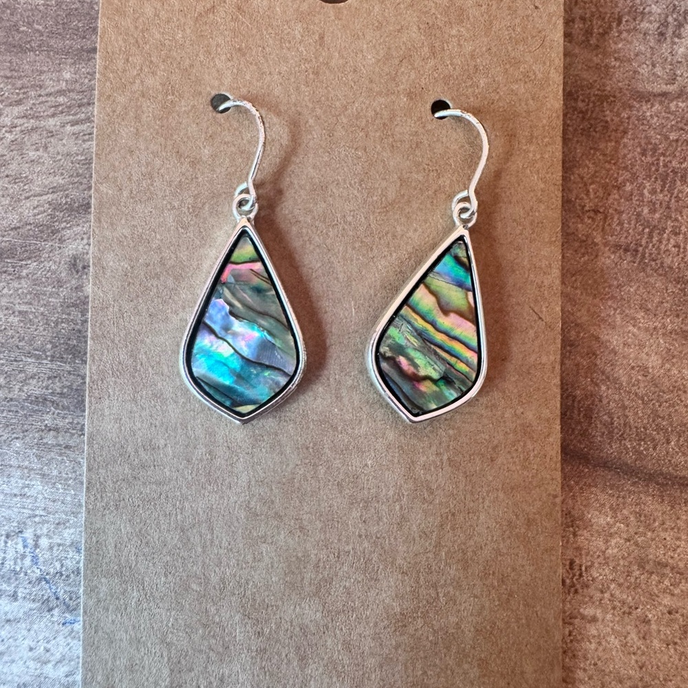 Abalone Shell Teardrop Earrings with Silver Tone Frame Dangle Drop Signed LACN